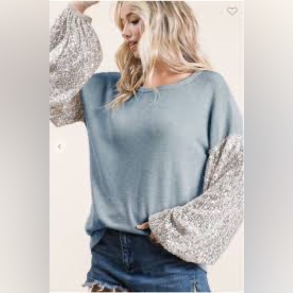 BiBi New Womens Size M Blue Top with Silver Sequin Balloon Sleeve - Picture 5 of 8